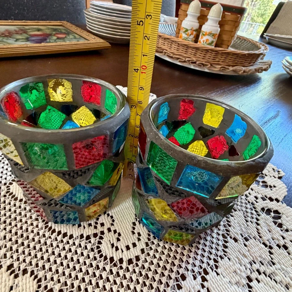 KIG Mosaic Glass Votive Candle Holders Set of 2 Multicolored Stained Glass Style